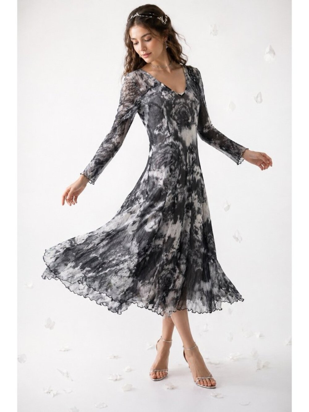 KOMAROV midi dress black silver SMALL fairy goddess whimsical crinkle sheer